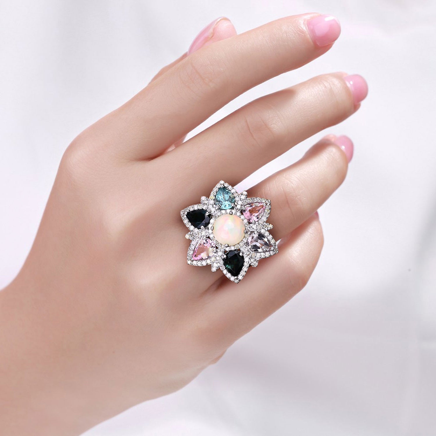 Opal Ring With Multicolor Tourmaline 5.62 Carats Sterling Silver