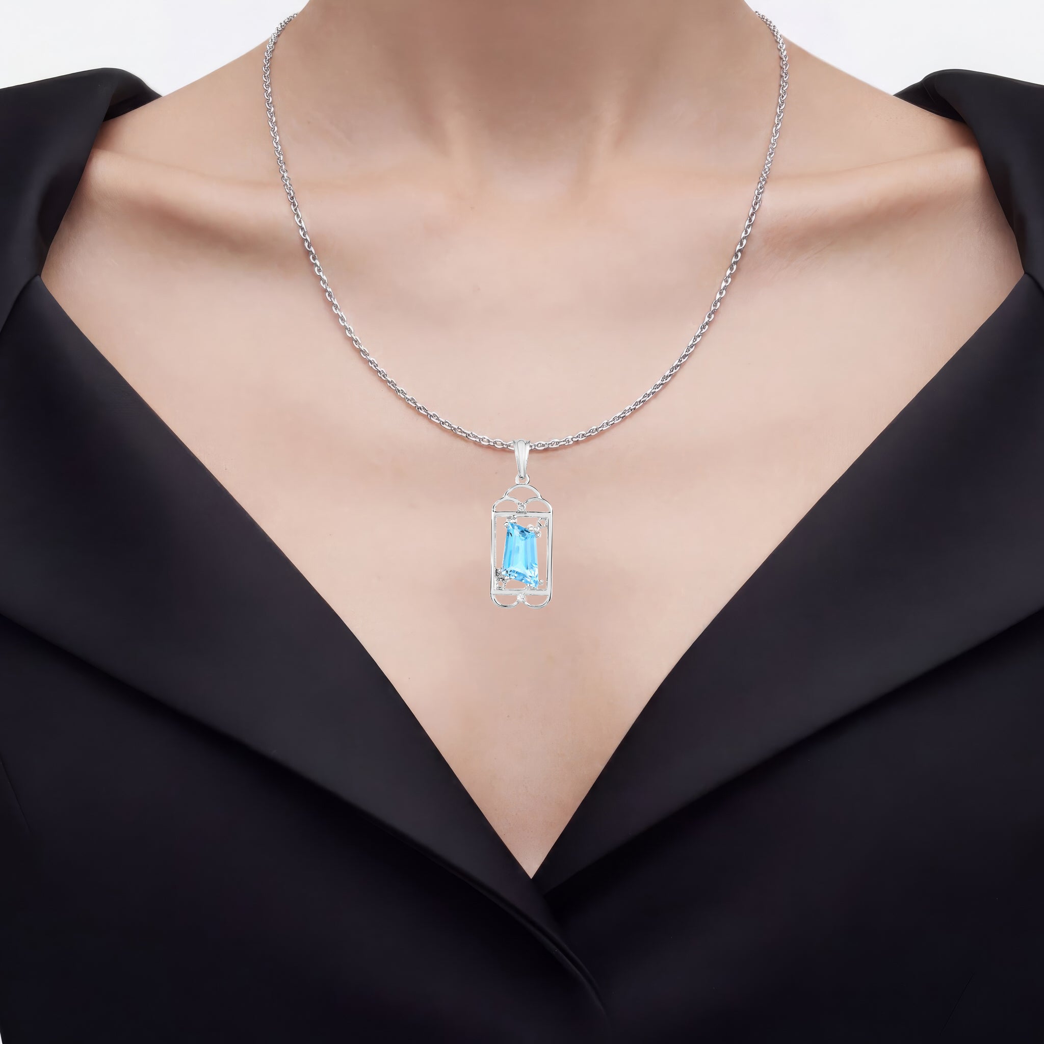 Swiss Blue Topaz Pendant With White Topaz 4.54 Carats Sterling Silver