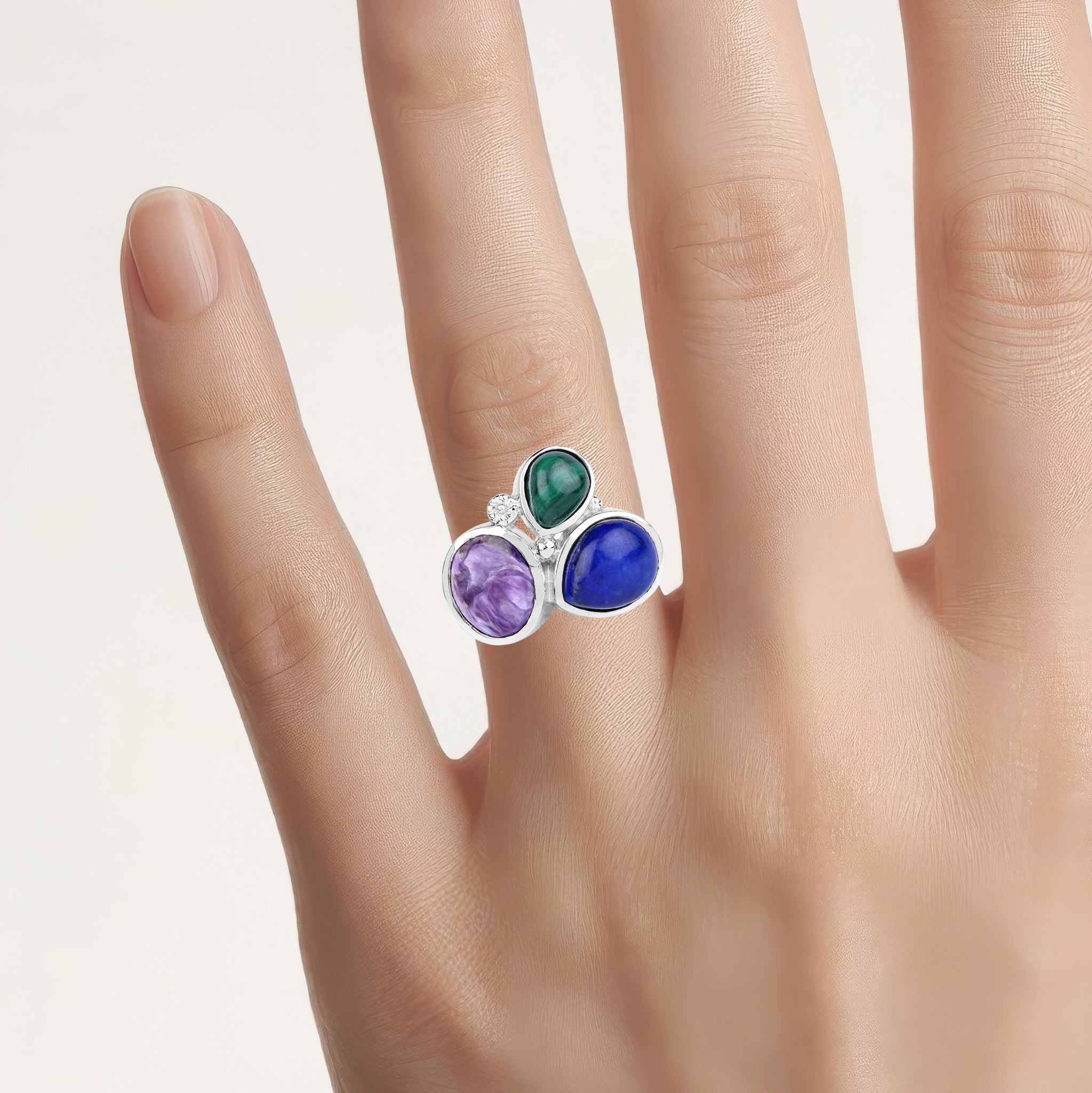 Lapis Ring With Charoite and Malachite 11.2 Carats Sterling Silver
