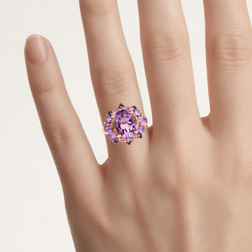 Amethyst Ring With Rhodolite Garnet 5.18 Carats Gold Plated Silver