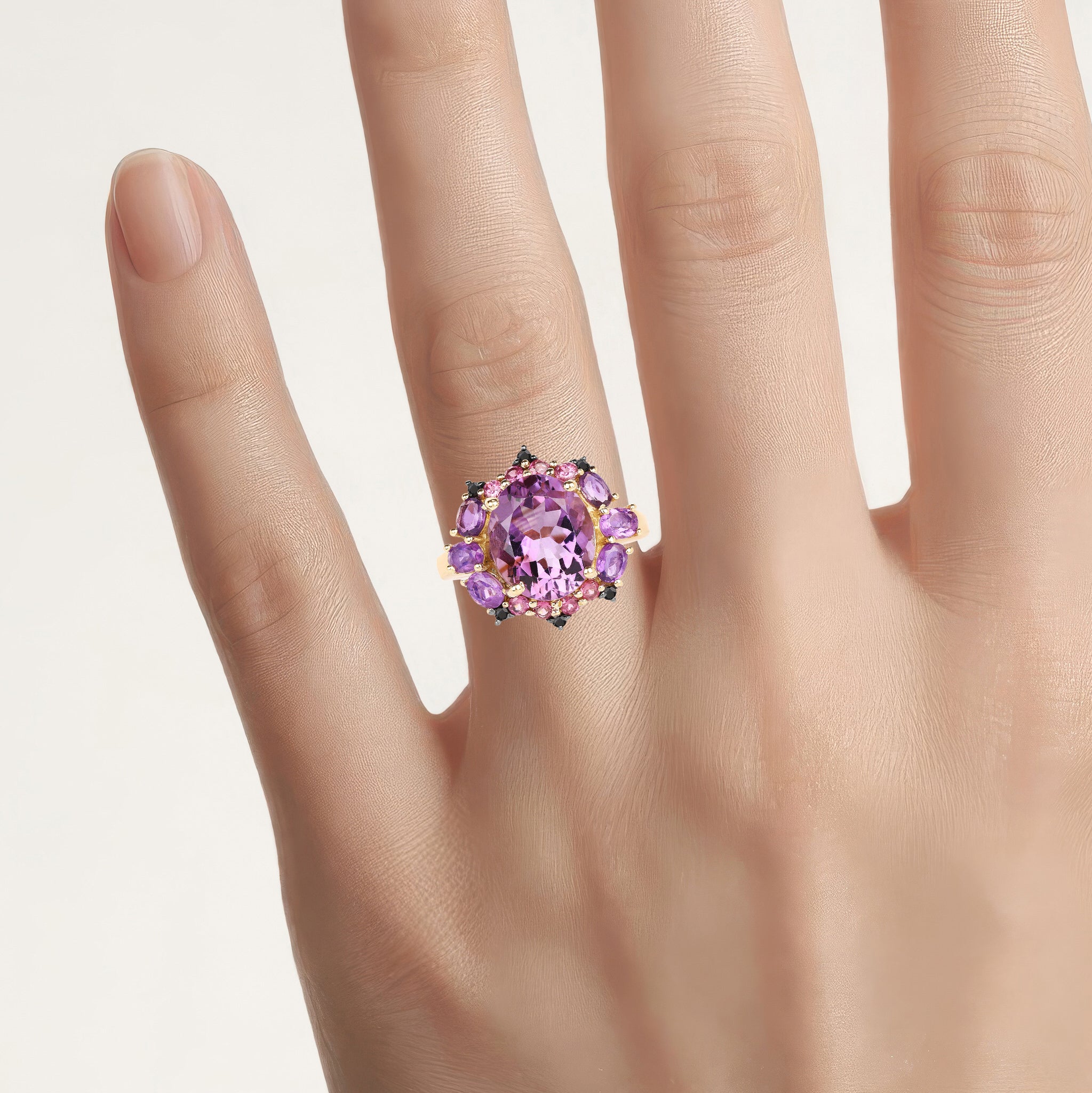 Amethyst Ring With Rhodolite Garnet 5.18 Carats Gold Plated Silver