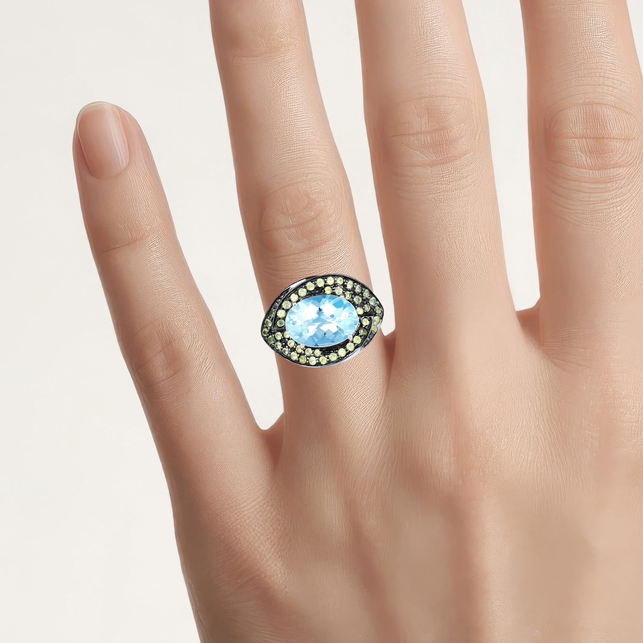 Blue Topaz Ring With Peridot 7.76 Carats Sterling Silver