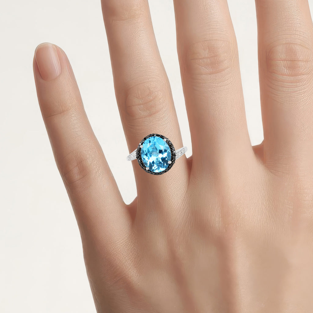 Swiss Blue Topaz Ring With Multicolor Diamonds 5.44 Carats Sterling Silver