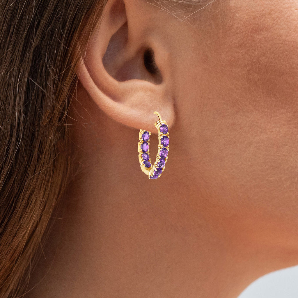 Amethyst Hoop Earrings 3.18 Carats Gold Plated Silver