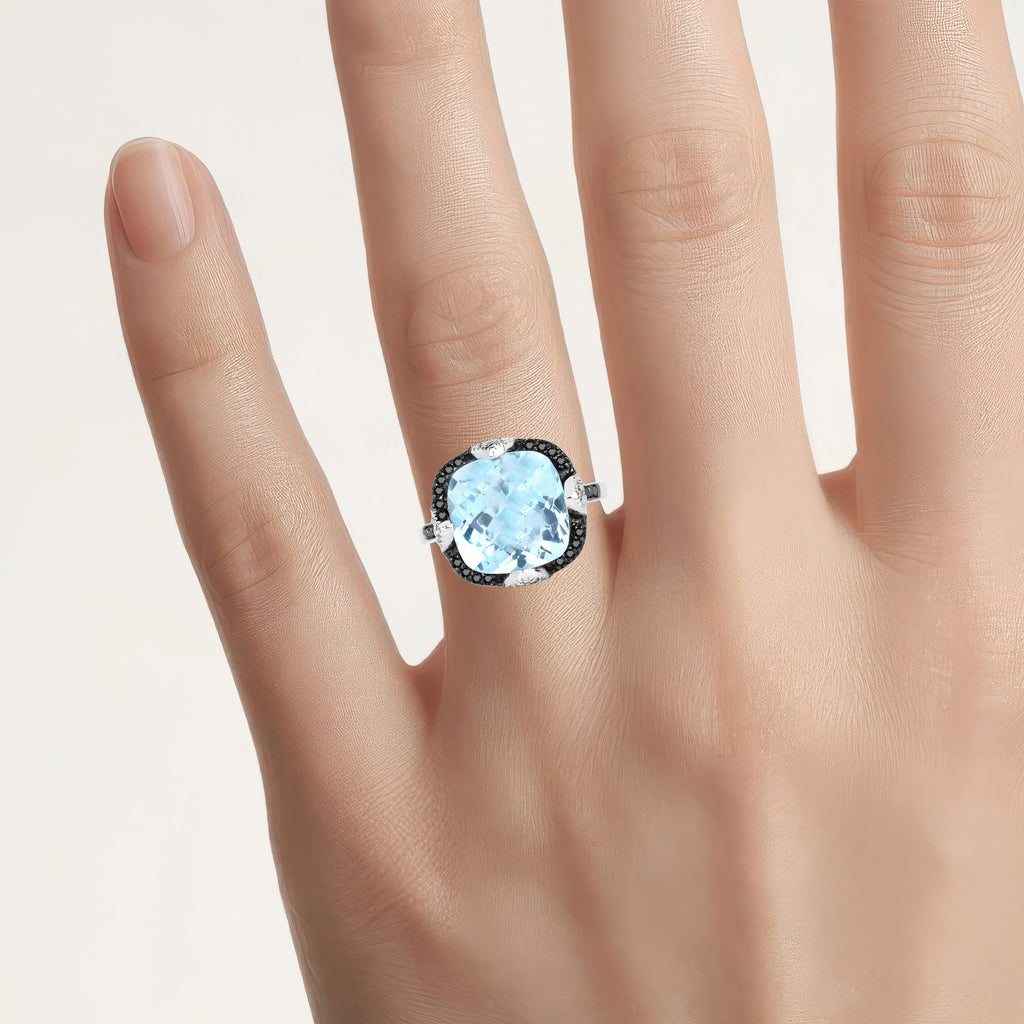 Swiss Blue Topaz Ring With Multicolor Diamonds 8.24 Carats Sterling Silver
