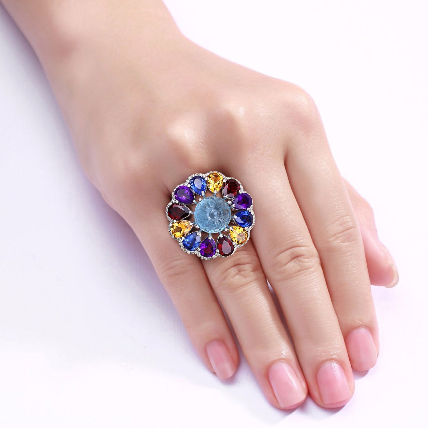 Natural Mixed Gemstones Ring 16 Carats Sterling Silver