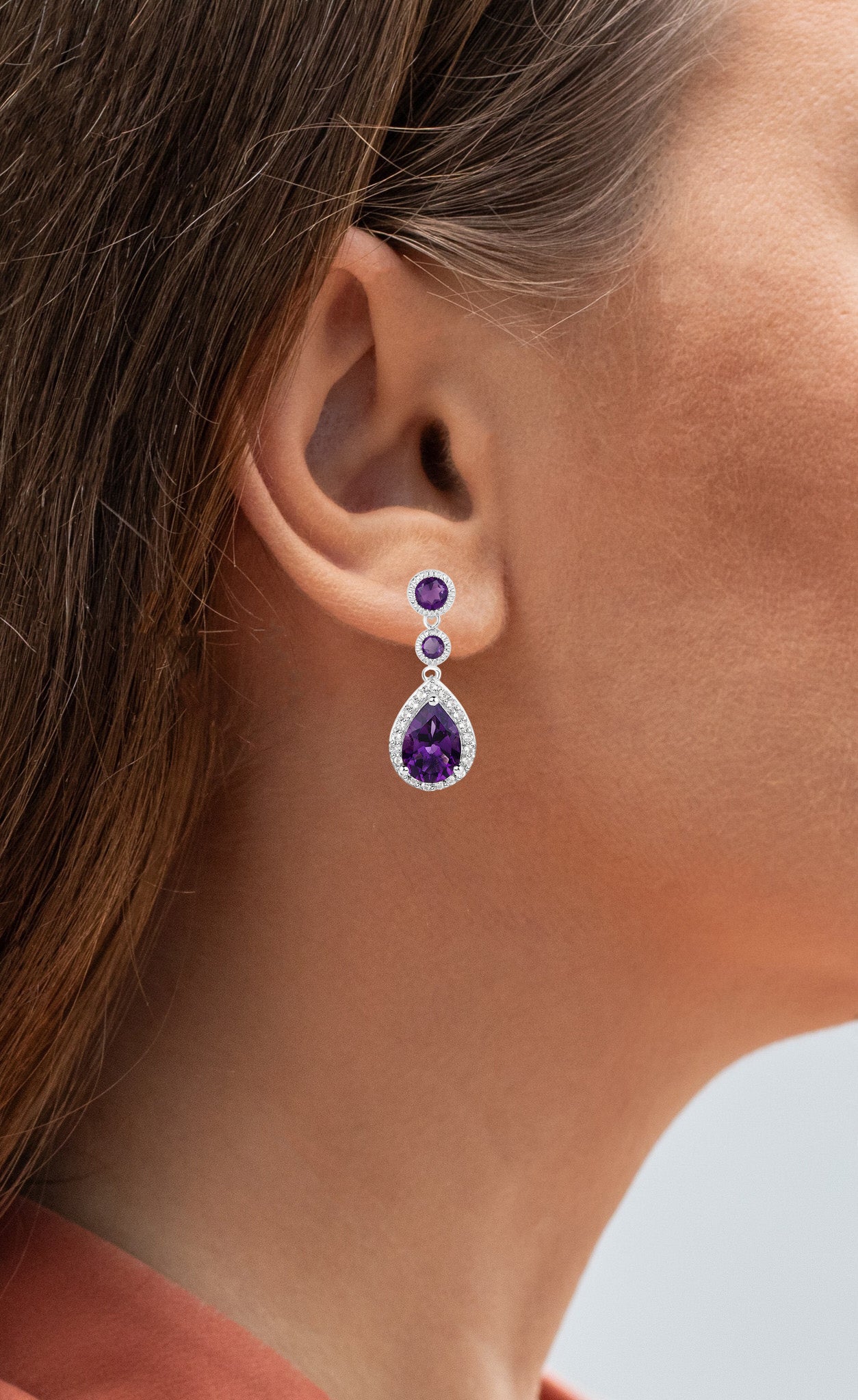 Amethyst Dangle Earrings White Topaz 6.98 Carats 18K White Gold Plated Silver