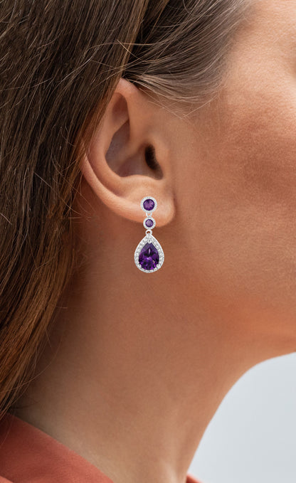 Amethyst Dangle Earrings White Topaz 6.98 Carats 18K White Gold Plated Silver