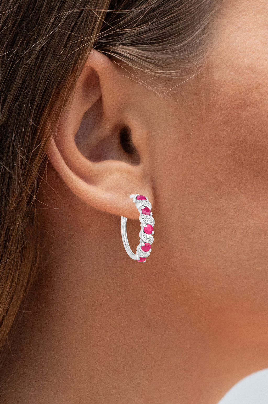 Ruby Hoop Earrings With White Topaz 1.36 Carats Sterling Silver
