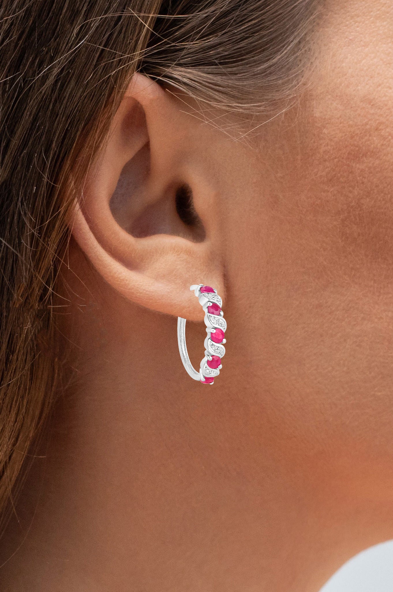 Ruby Hoop Earrings With White Topaz 1.36 Carats Sterling Silver