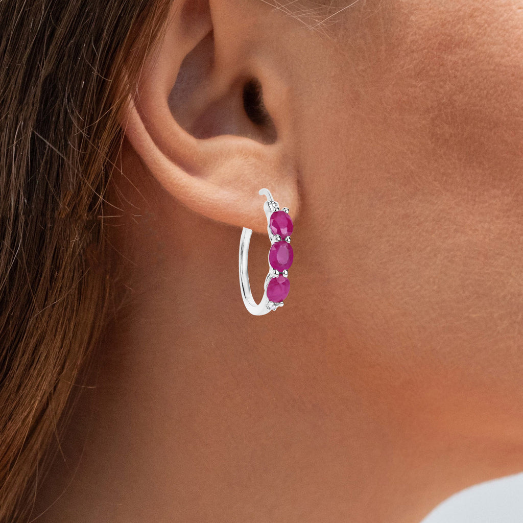 Ruby Hoop Earrings With Diamonds 1.79 Carats Sterling Silver