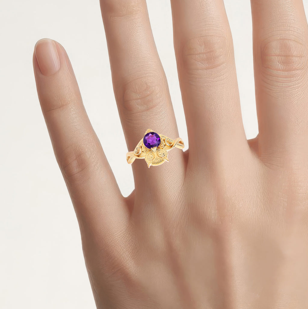 Amethyst Owl Ring 0.72 Carats Gold Plated Silver