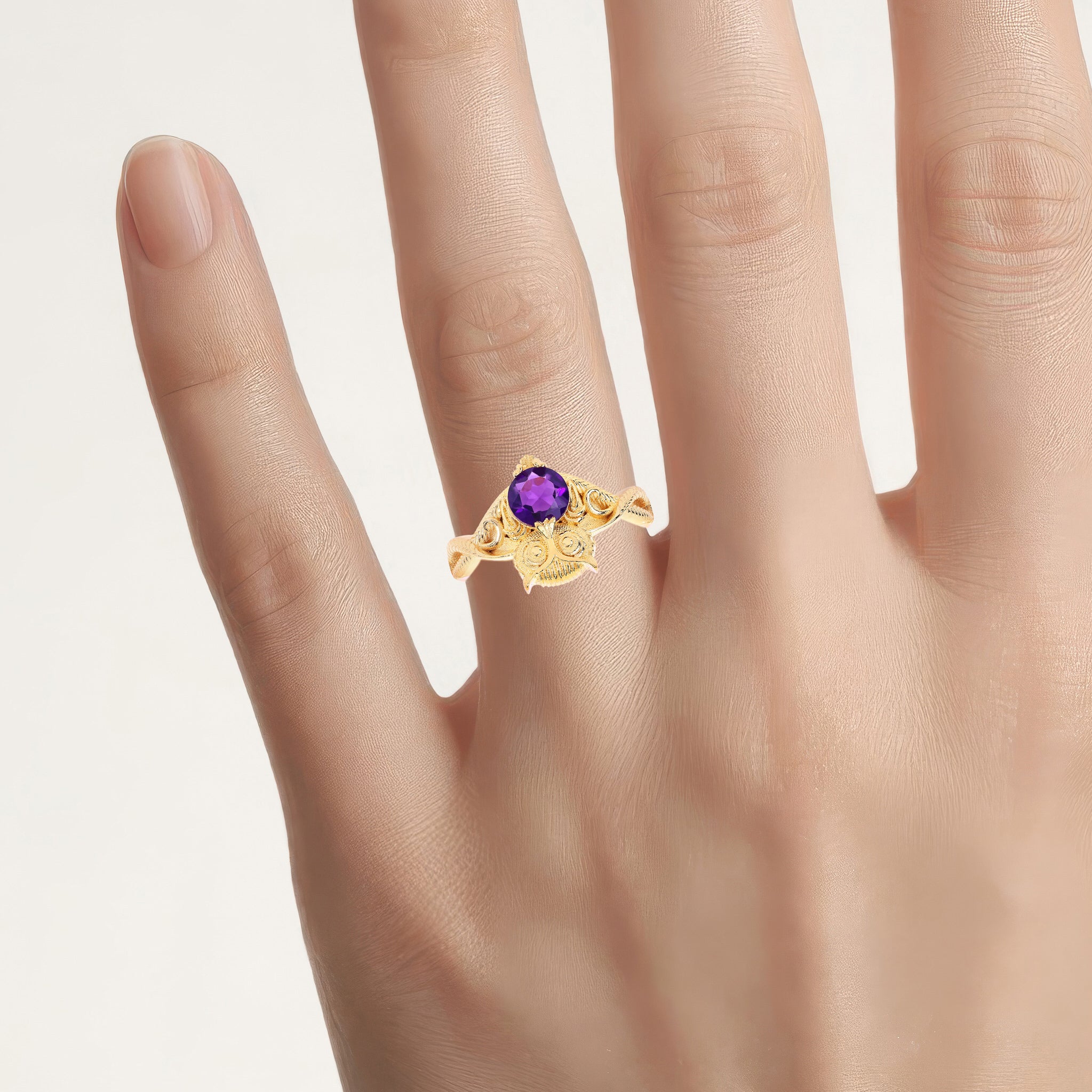 Amethyst Owl Ring 0.72 Carats Gold Plated Silver