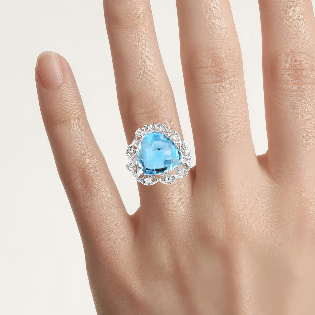 Blue Topaz Ring With White Zircon 10.9 Carats Sterling Silver