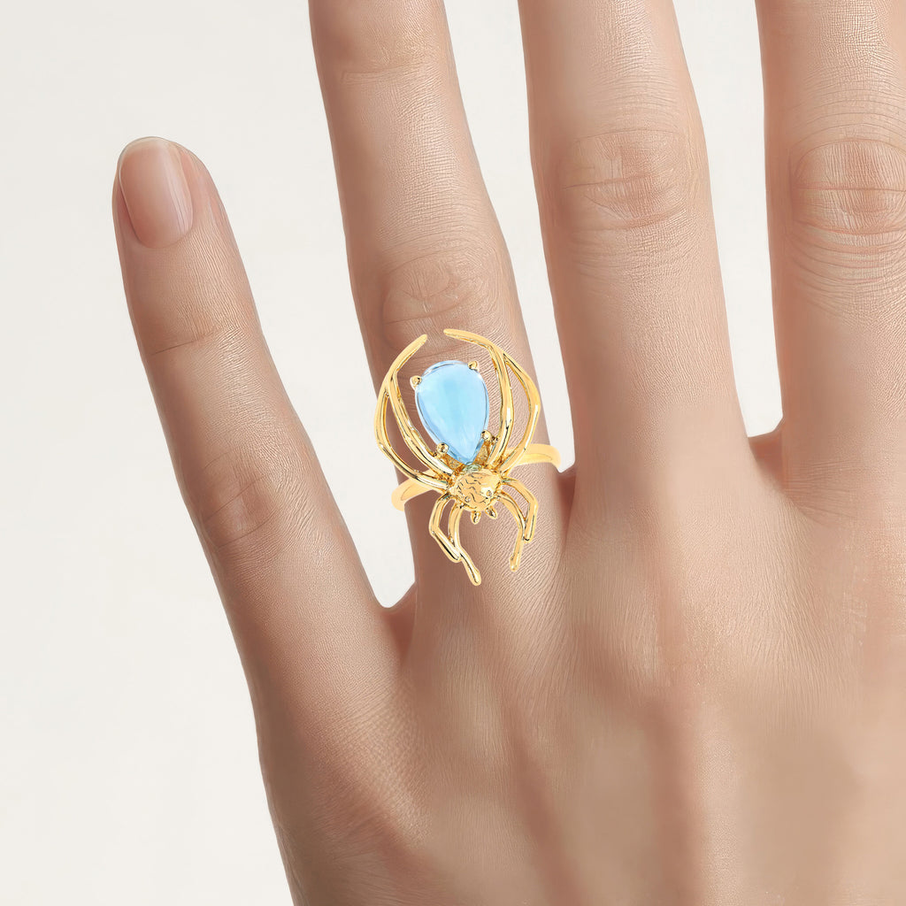 Blue Topaz Spider Ring 4.48 Carats Gold Plated Silver