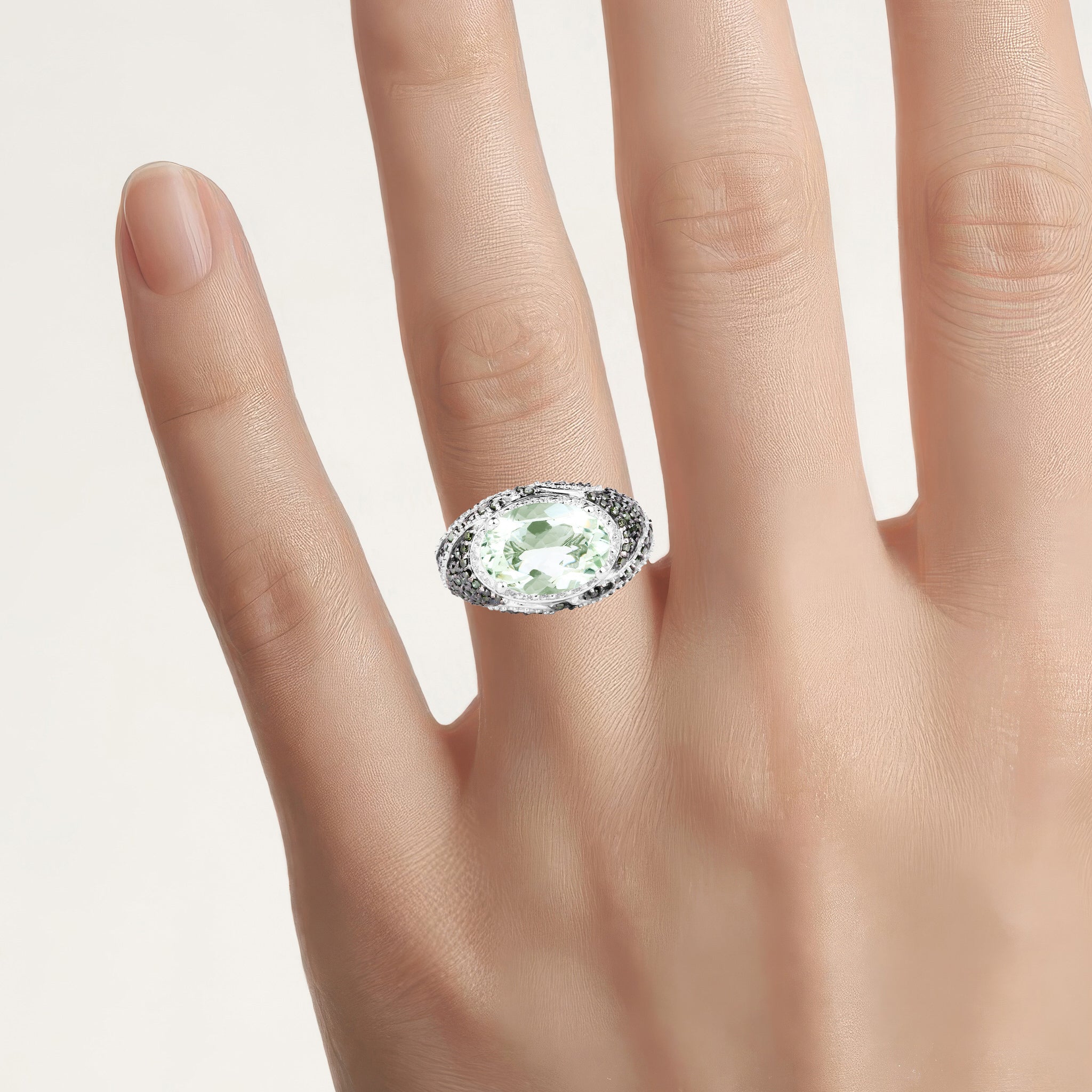Green Amethyst Ring With Green Diamonds 5.94 Carats Sterling Silver