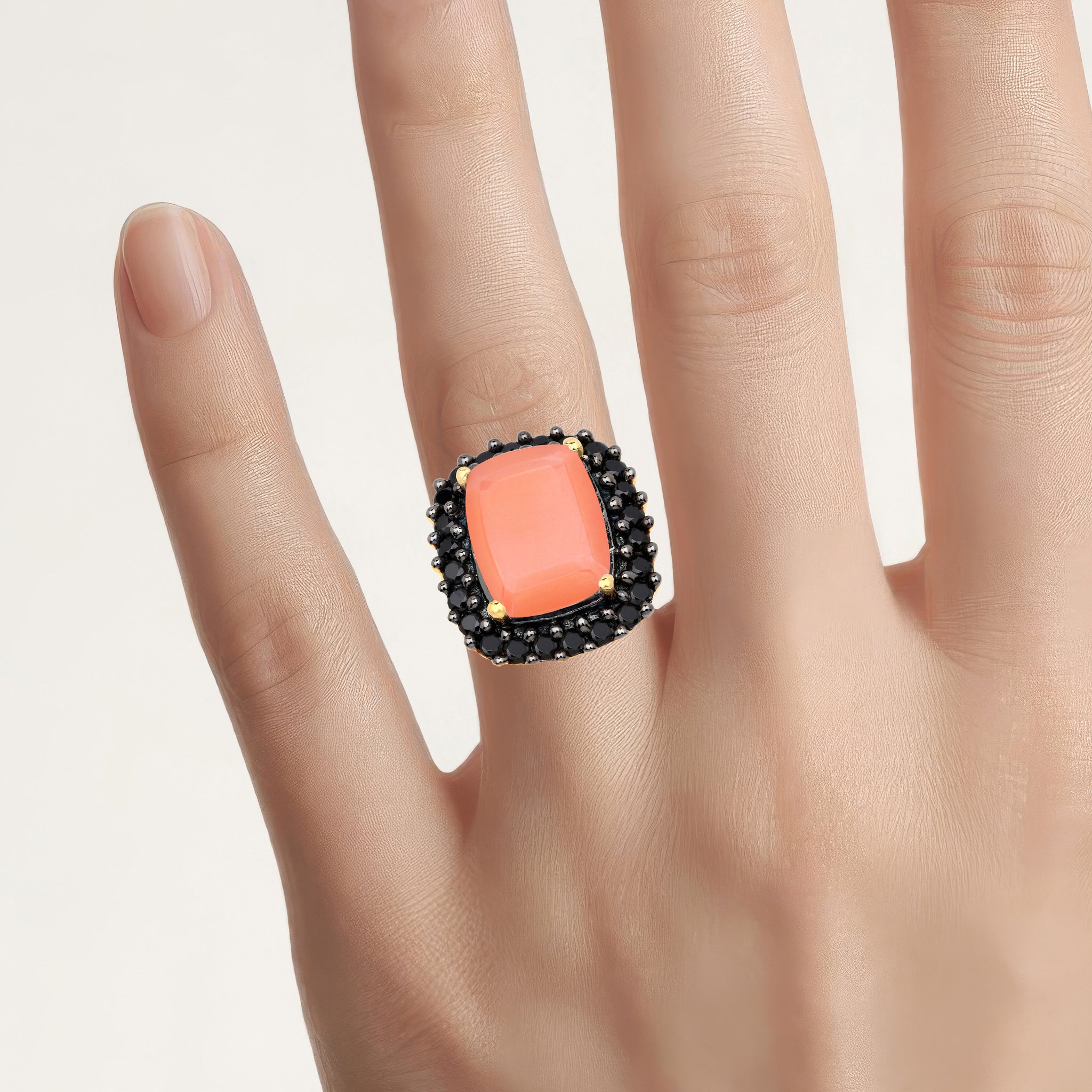 Peach Moonstone Ring With Black Spinel 6.32 Carats Gold Plated Silver