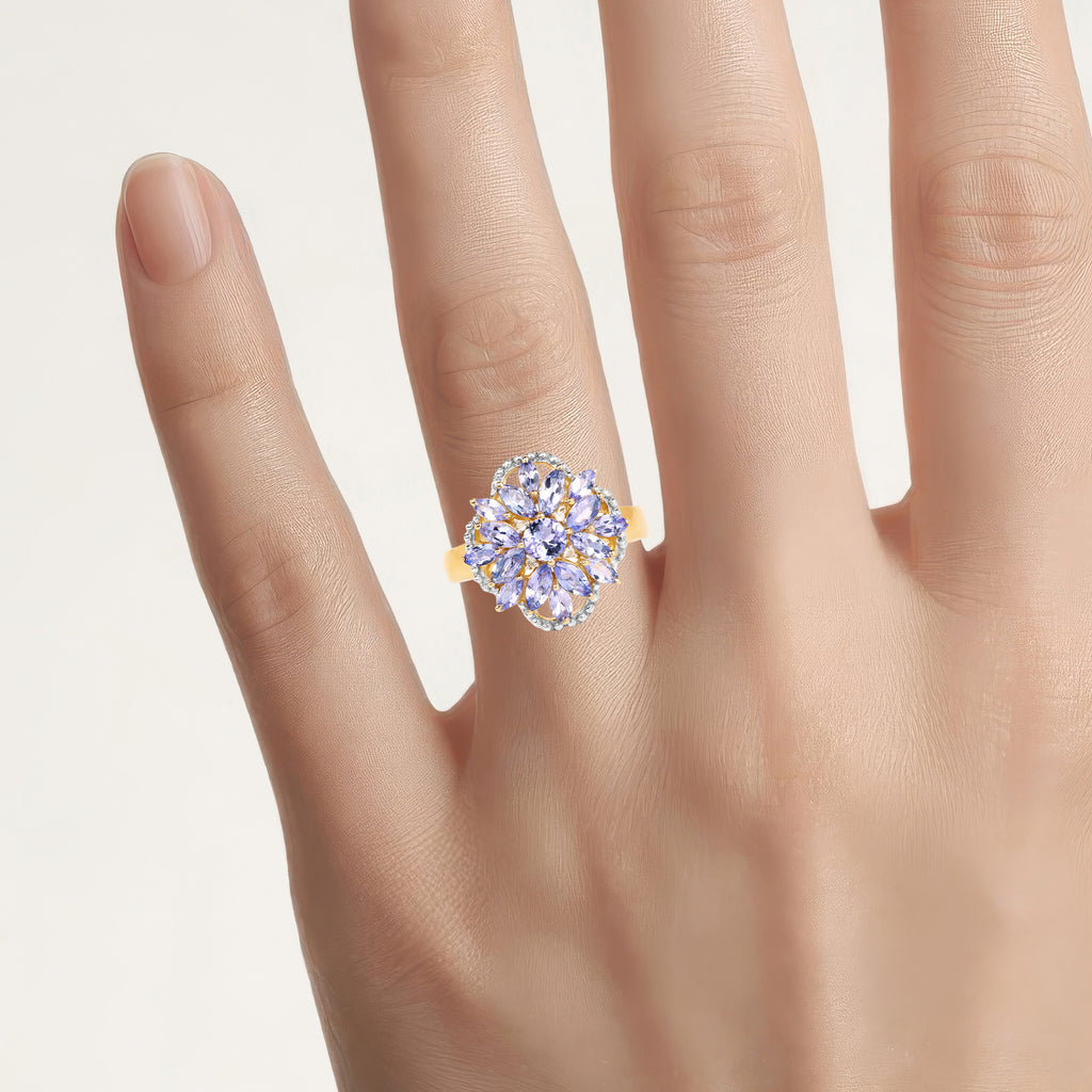 Tanzanite Flower Ring With White Topaz 1.96 Carats Gold Plated Silver