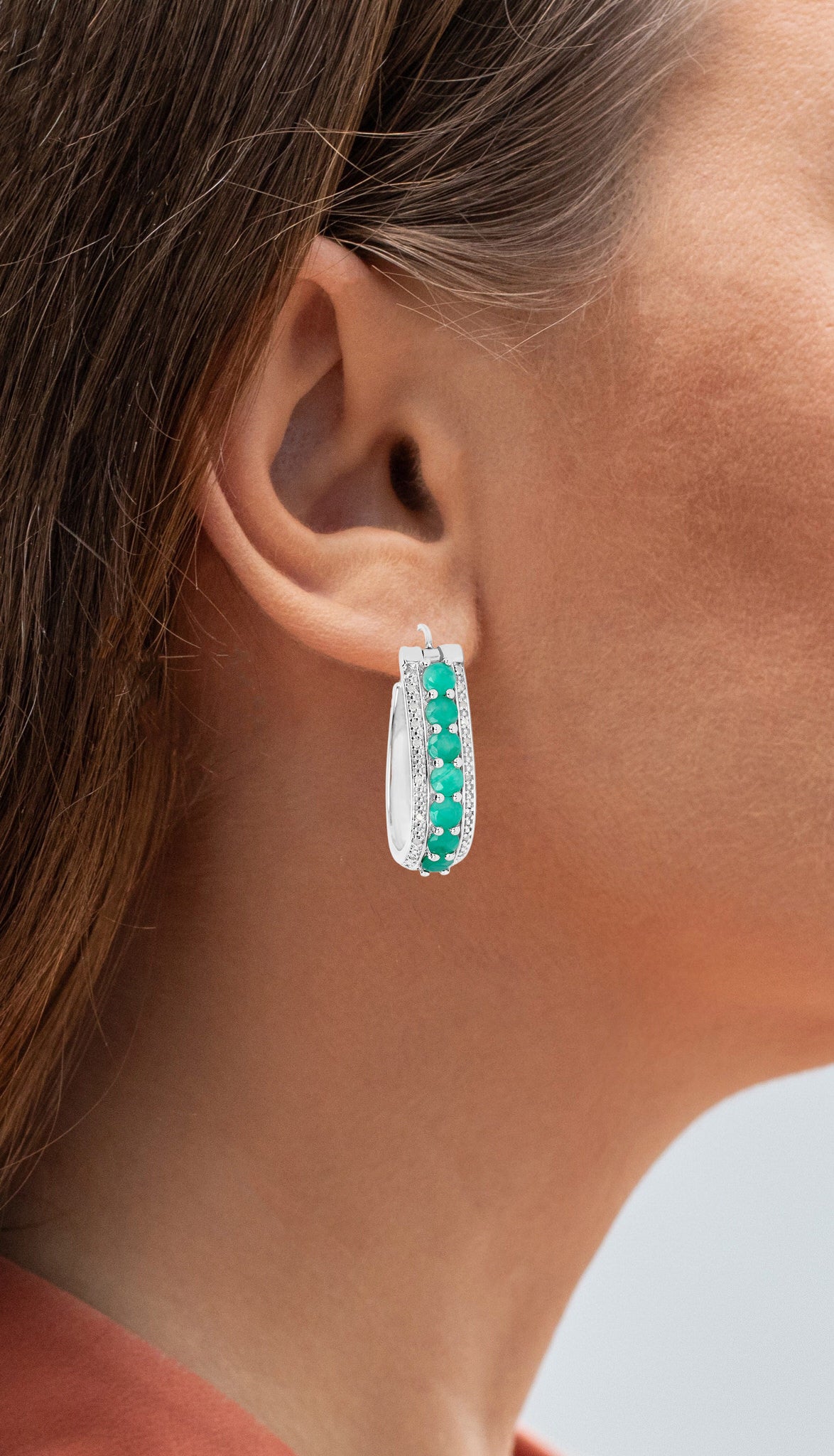 Emerald Hoop Earrings With Diamonds 3.38 Carats Sterling Silver