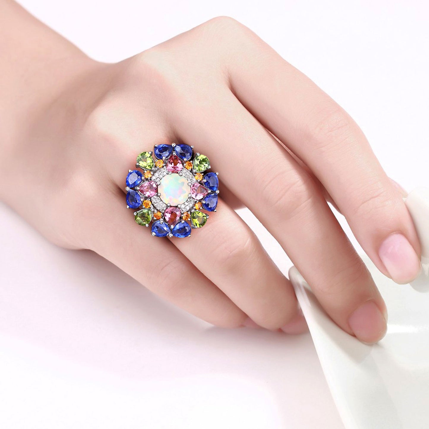 Natural Mixed Gemstones Ring 7.4 Carats Sterling Silver