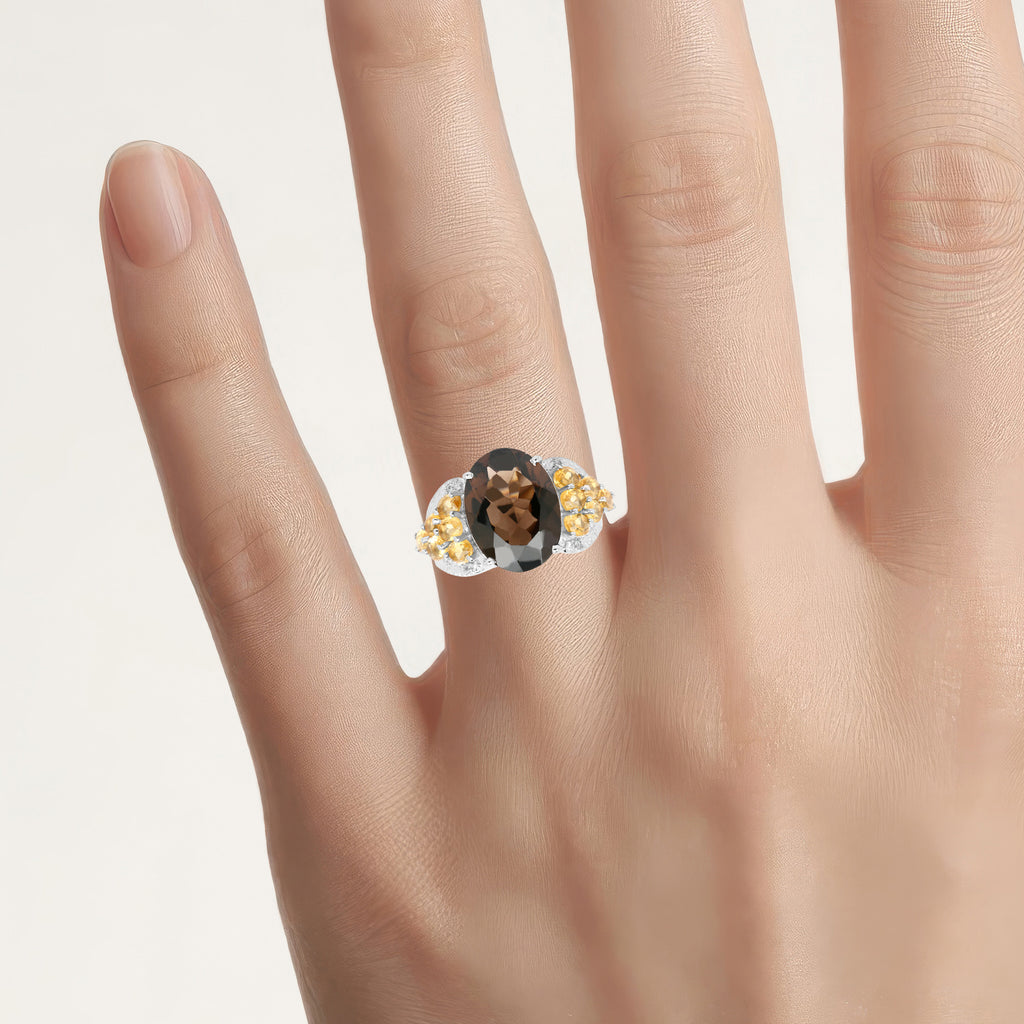 Smoky Quartz Ring With Citrine and White Topaz 9.7 Carats Sterling Silver