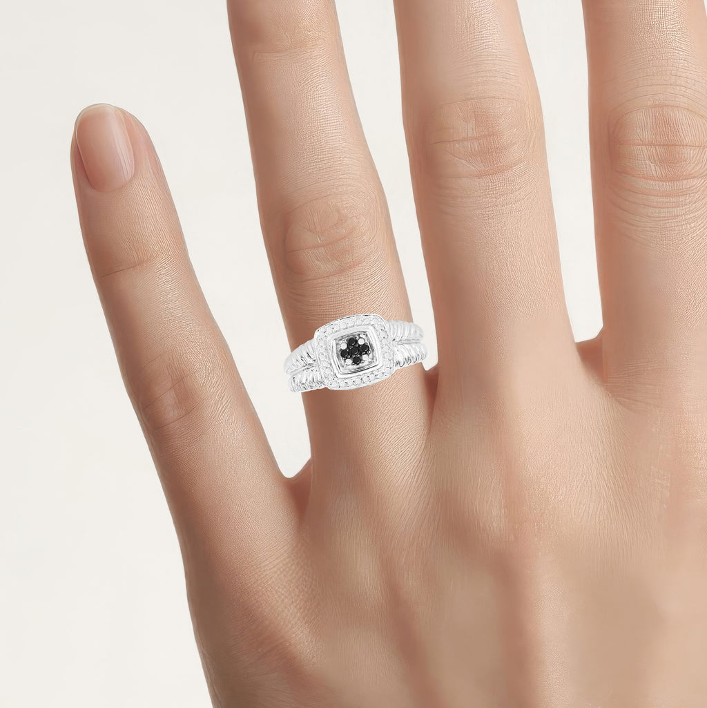Black Diamond Ring With White Diamonds 0.16 Carats Sterling Silver