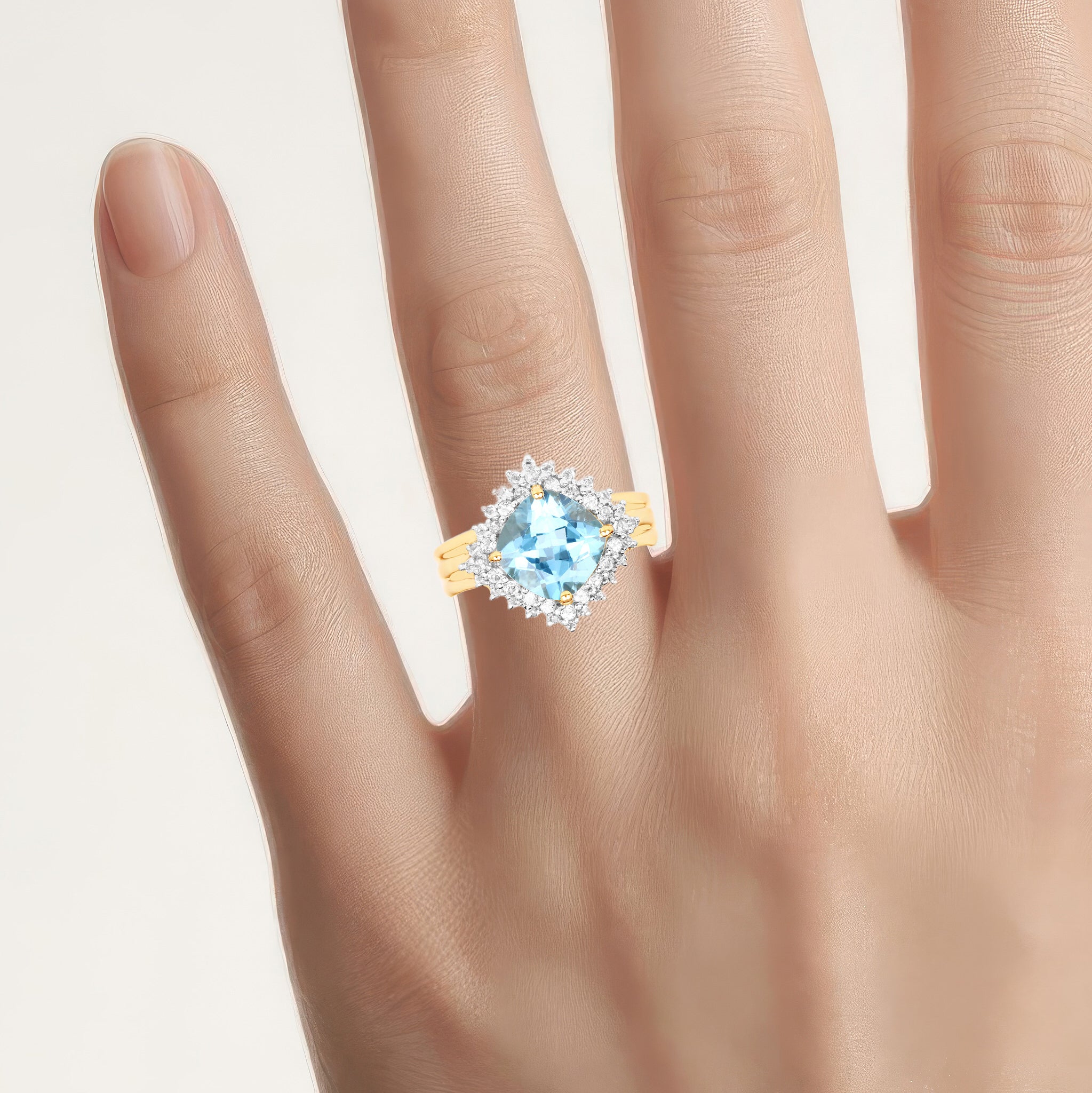 Swiss Blue Topaz Ring With White Topaz 4.28 Carats Gold Plated Silver