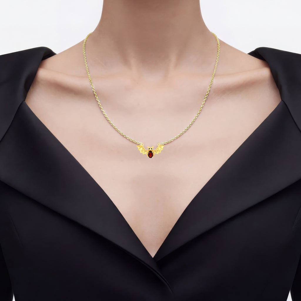 Garnet Bat Necklace With Black Spinel 1.06 Carats Gold Plated Silver