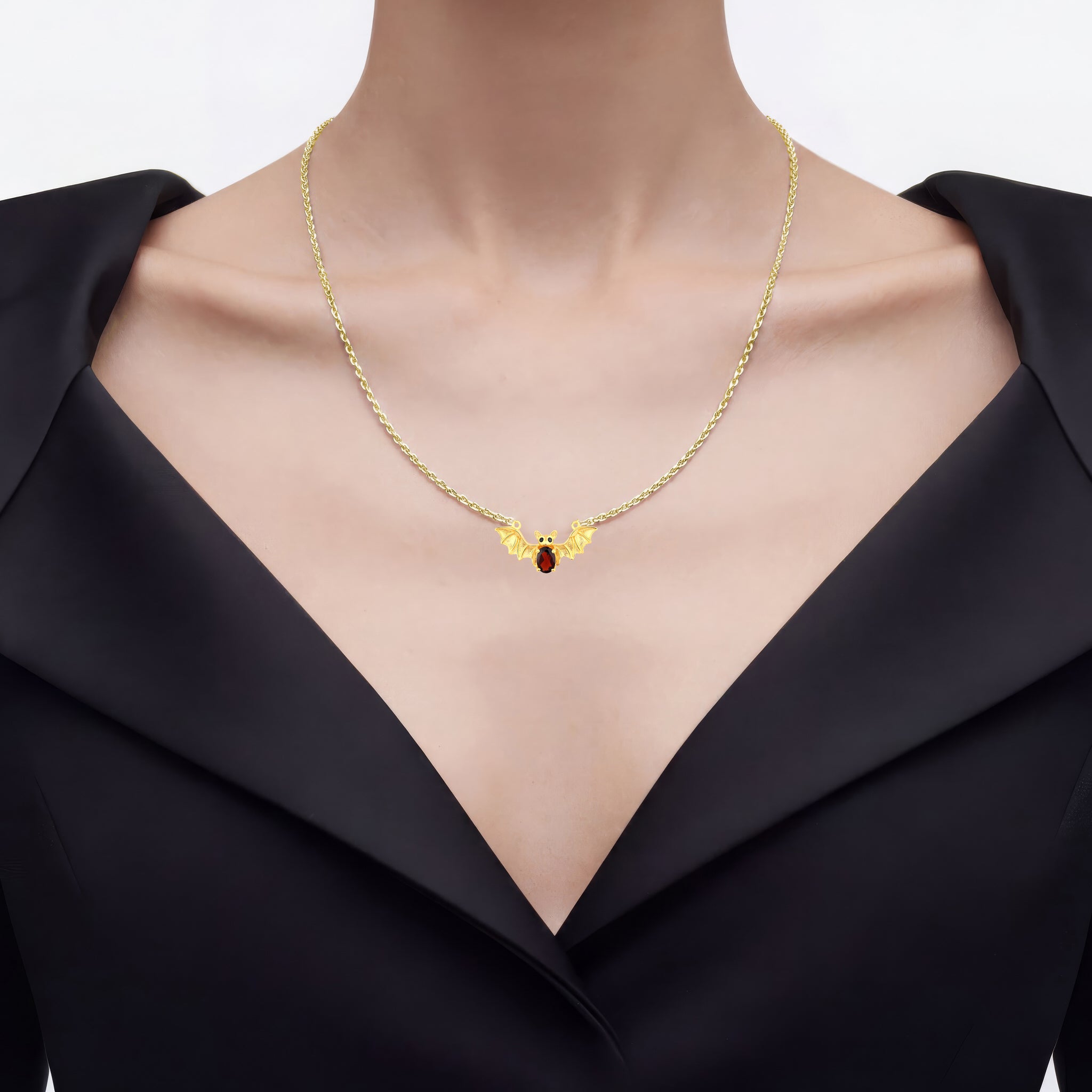 Garnet Bat Necklace With Black Spinel 1.06 Carats Gold Plated Silver