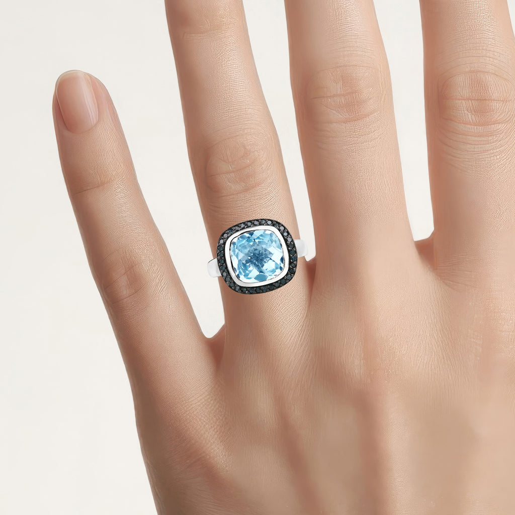 Swiss Blue Topaz Ring With Black Diamonds 5.2 Carats Sterling Silver