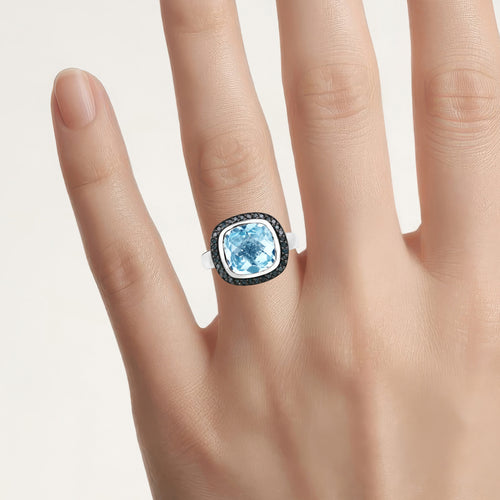 Swiss Blue Topaz Ring With Black Diamonds 5.2 Carats Sterling Silver