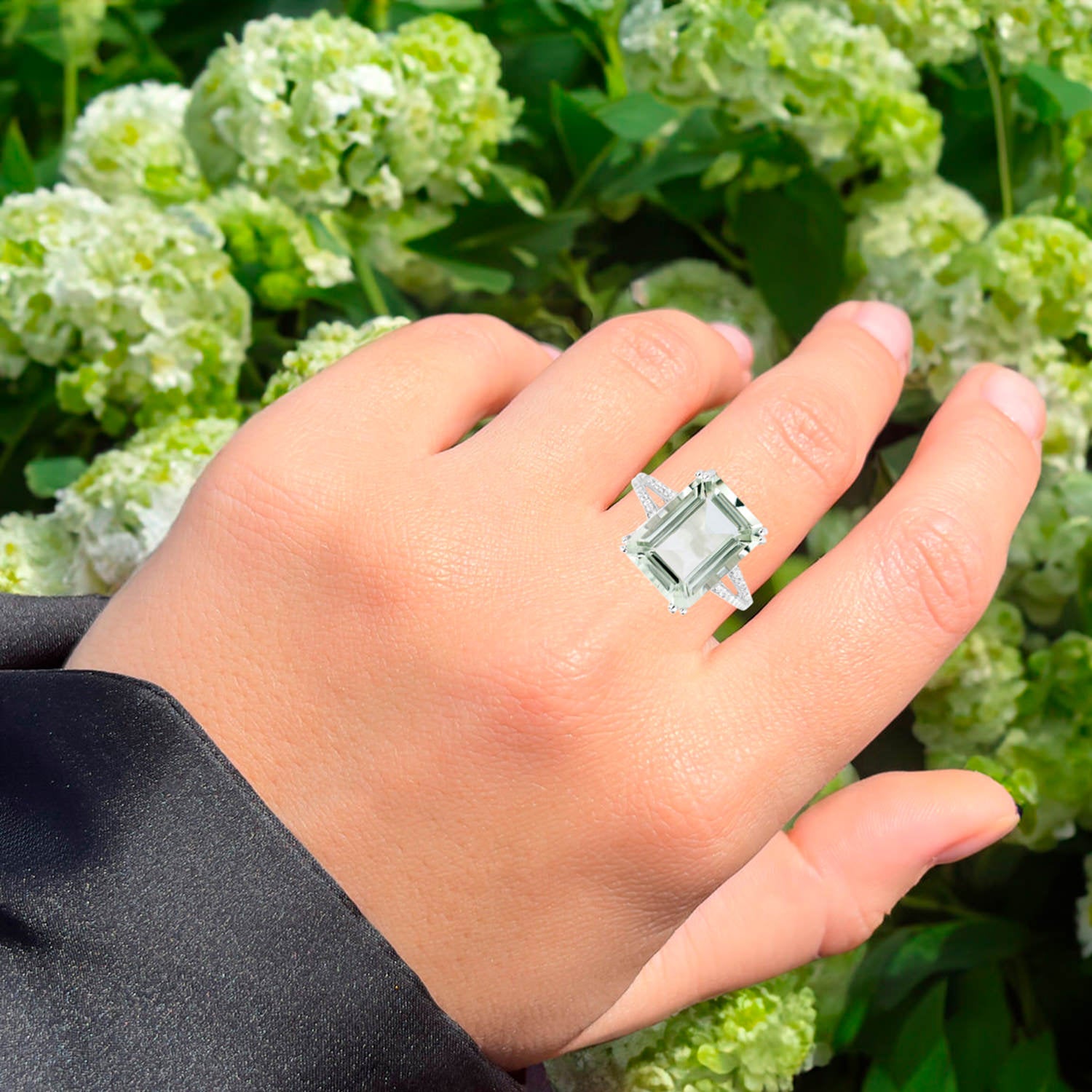Green Amethyst Ring With White Topaz 10.6 Carats Sterling Silver