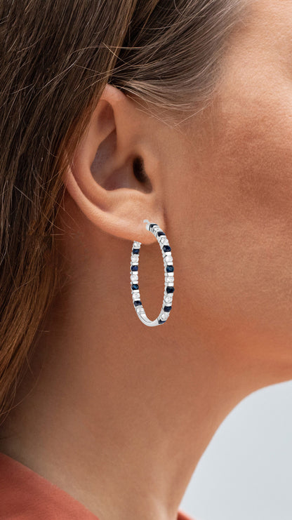 Natural Blue Sapphire Hoop Earrings White Topaz 4.34 Carats Sterling Silver