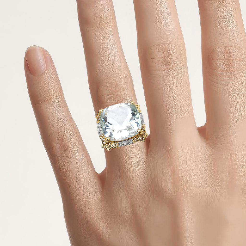 Green Amethyst Ring White Topaz 8.22 Carats Gold Plated Silver