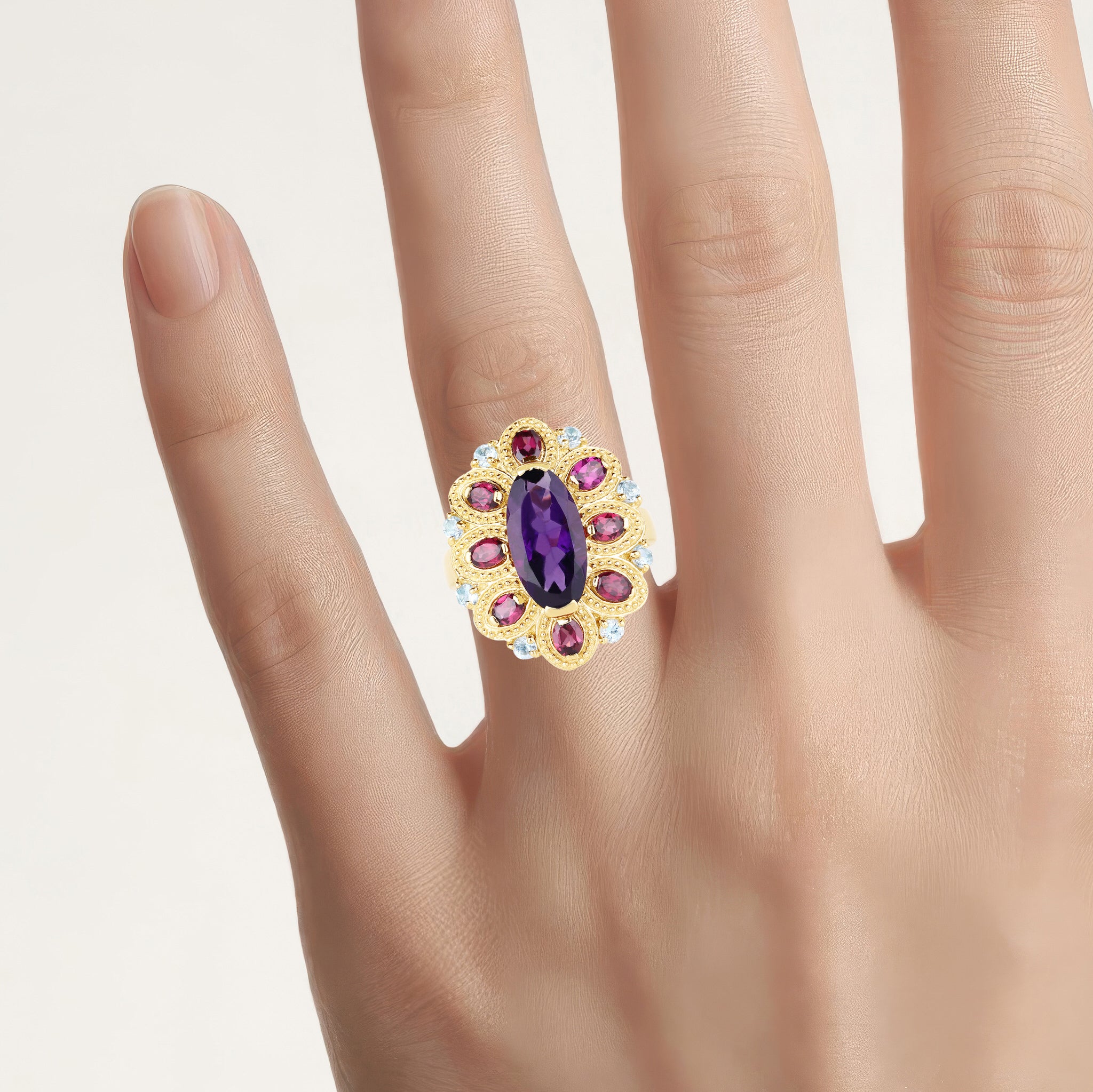 Amethyst Flower Ring With Rhodolite Garnet 6.76 Carats Gold Plated Silver