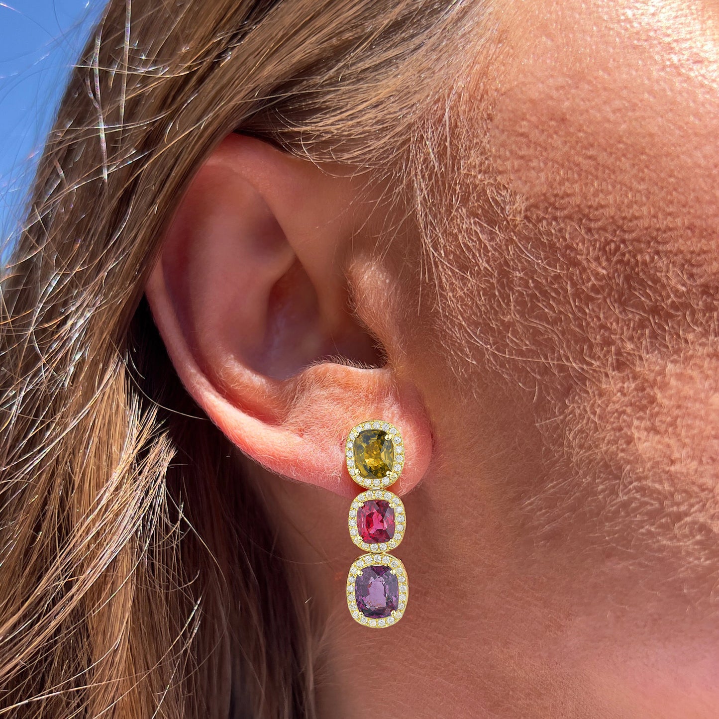 Rare Natural Multicolored Spinel Earrings Diamond Halo 8.50 Carats 18K Gold