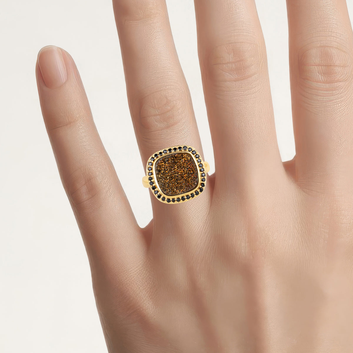 Drusy Quartz Ring With Black Spinel 6.16 Carats Gold Plated Silver