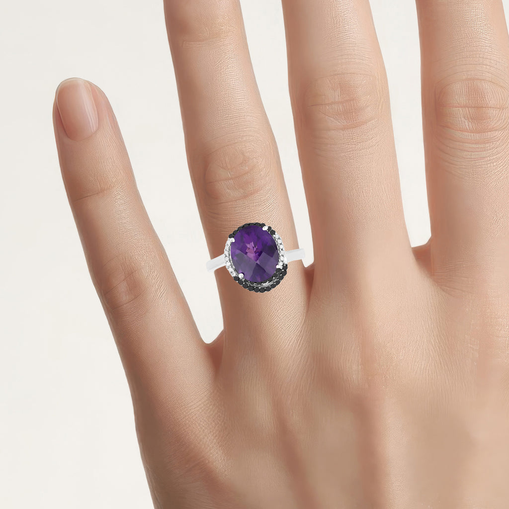 Amethyst Ring With Black and White Diamonds 4.48 Carats Sterling Silver