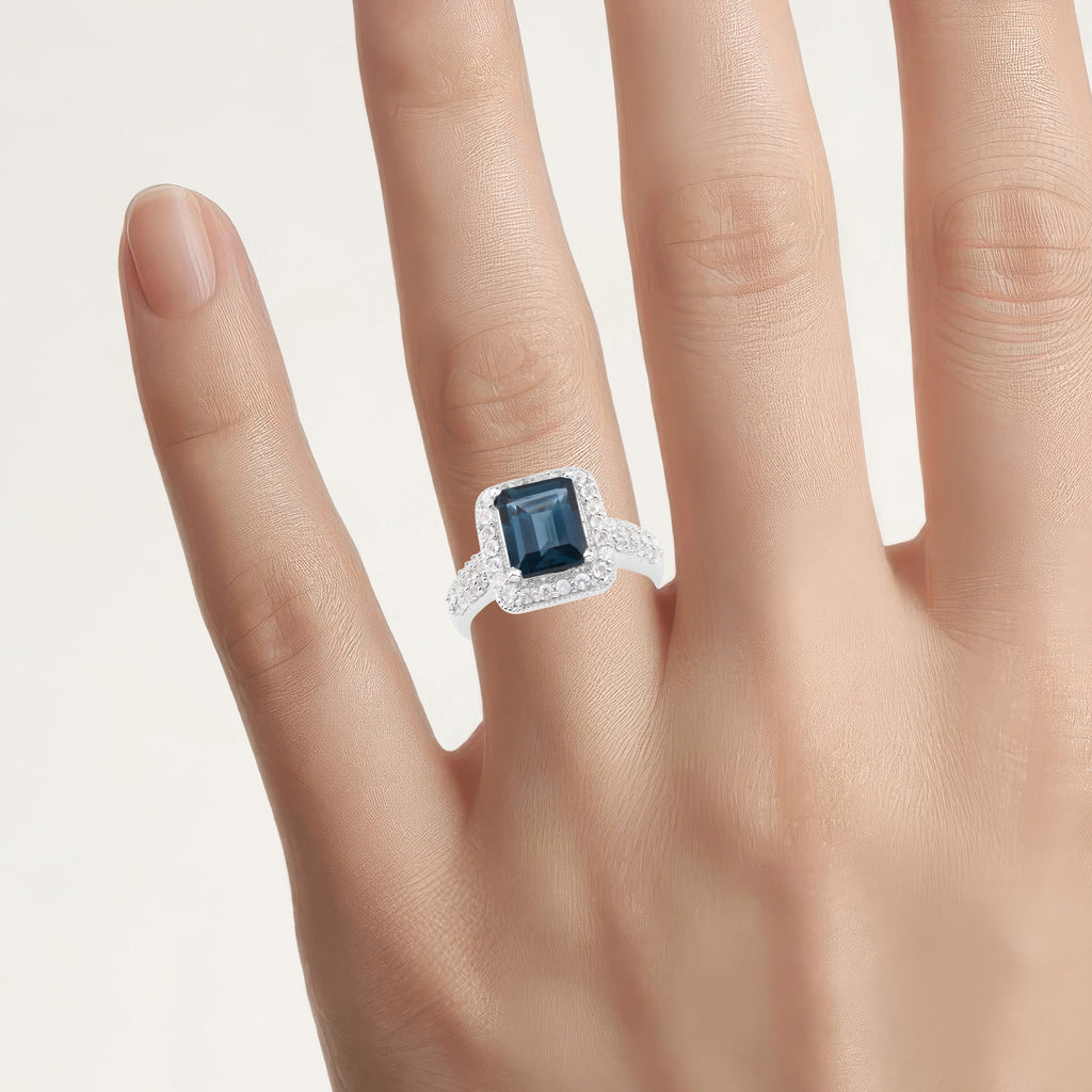 London Blue Topaz Ring With White Topaz 4.98 Carats Sterling Silver