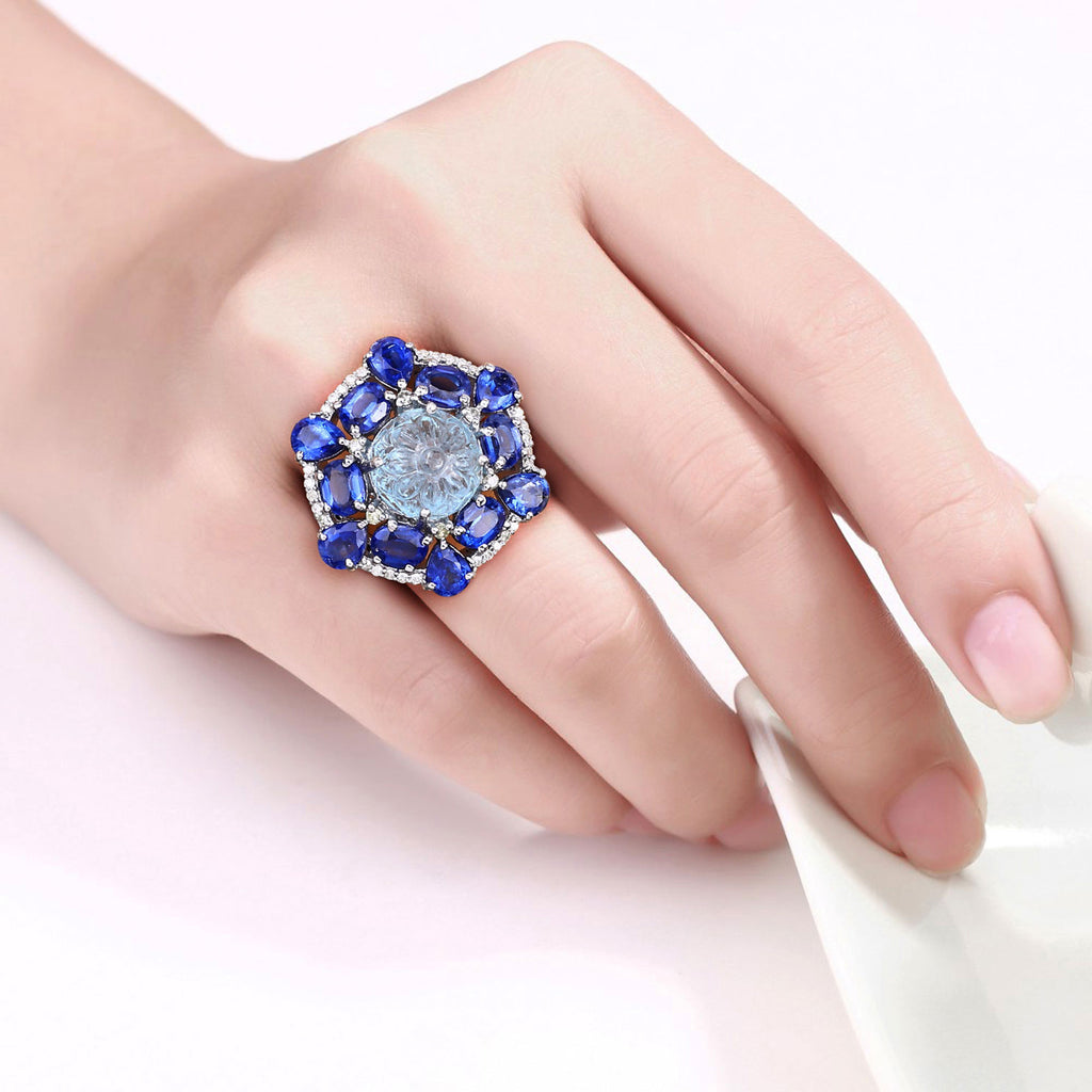 Aquamarine Ring With Kyanite 9.76 Carats Sterling Silver
