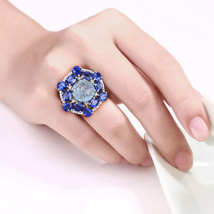 Aquamarine Ring With Kyanite 9.76 Carats Sterling Silver