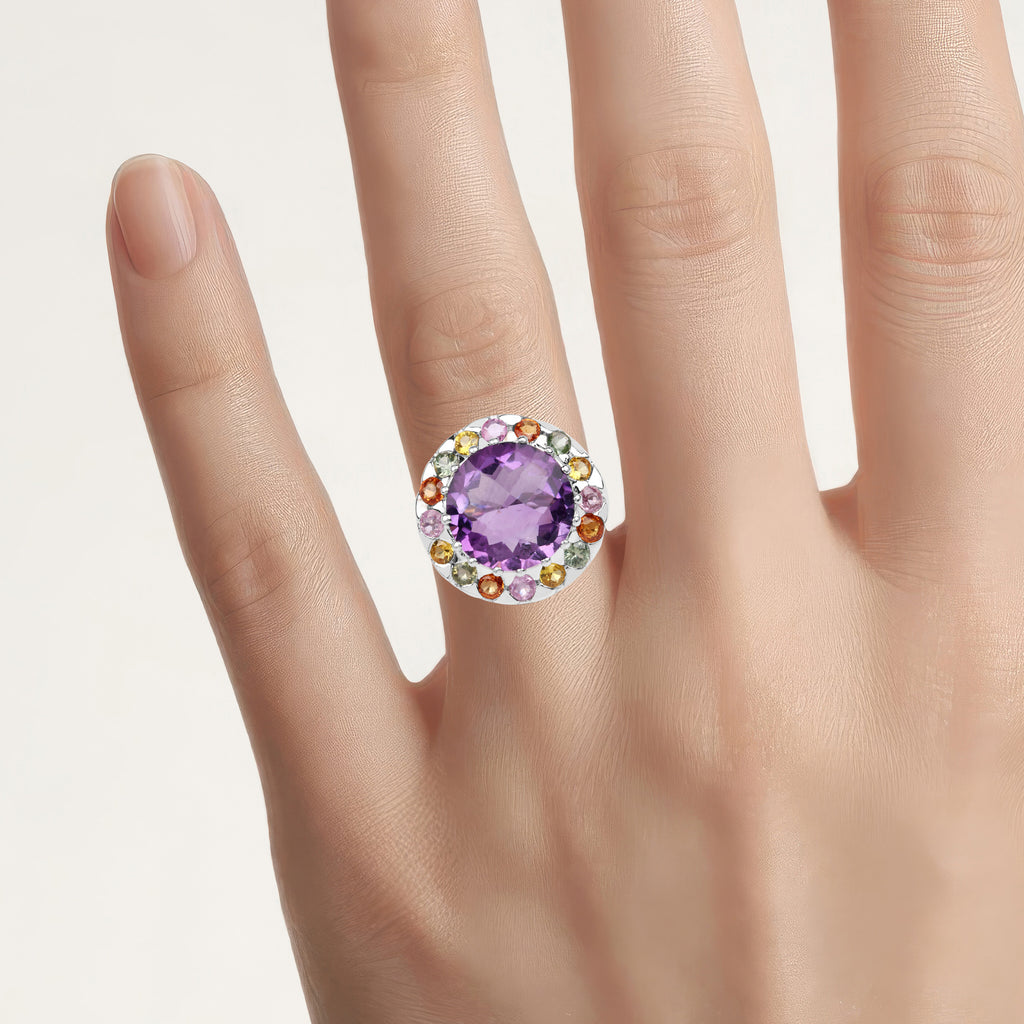 Amethyst Ring With Multicolor Sapphire 10.1 Carats Sterling Silver