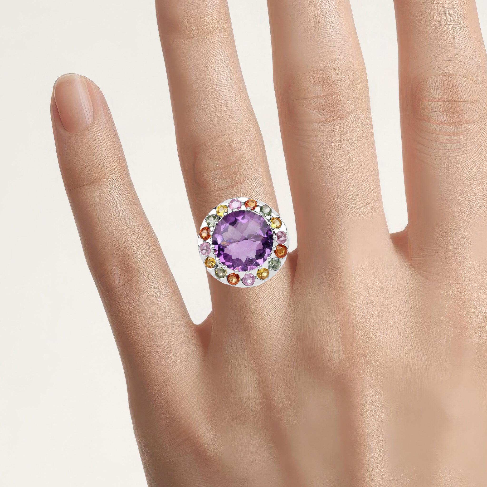 Amethyst Ring With Multicolor Sapphire 10.1 Carats Sterling Silver