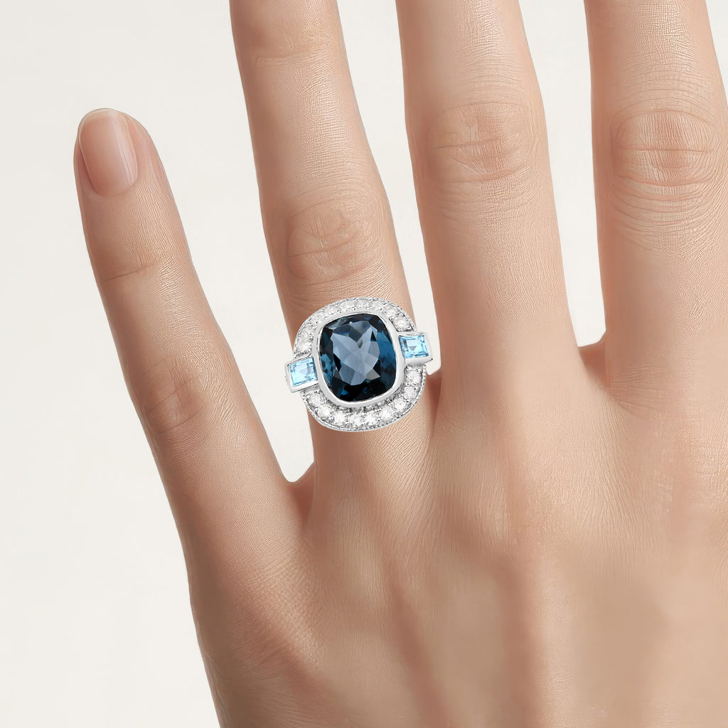 London Blue Topaz Ring With Diamonds 5.2 Carats Sterling Silver