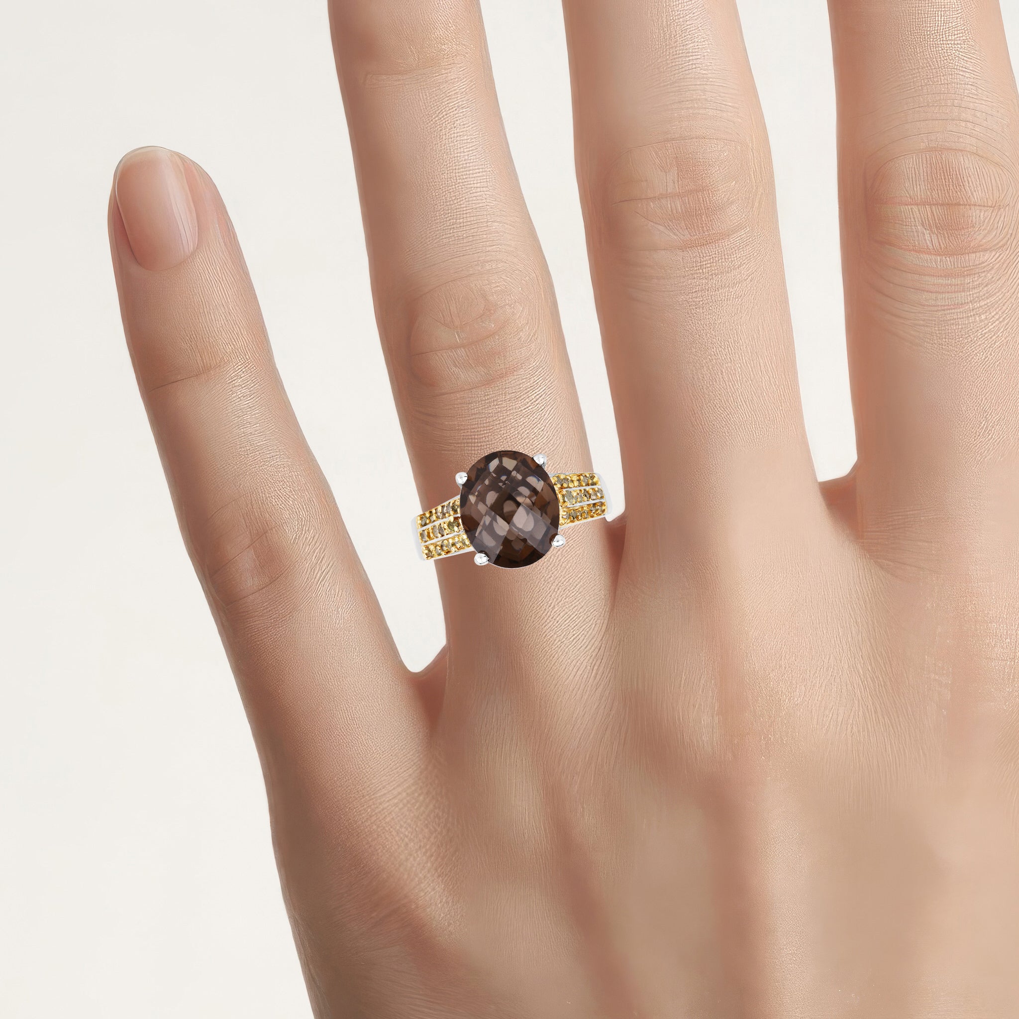 Smoky Quartz Ring With Yellow Diamonds 4.84 Carats Sterling Silver