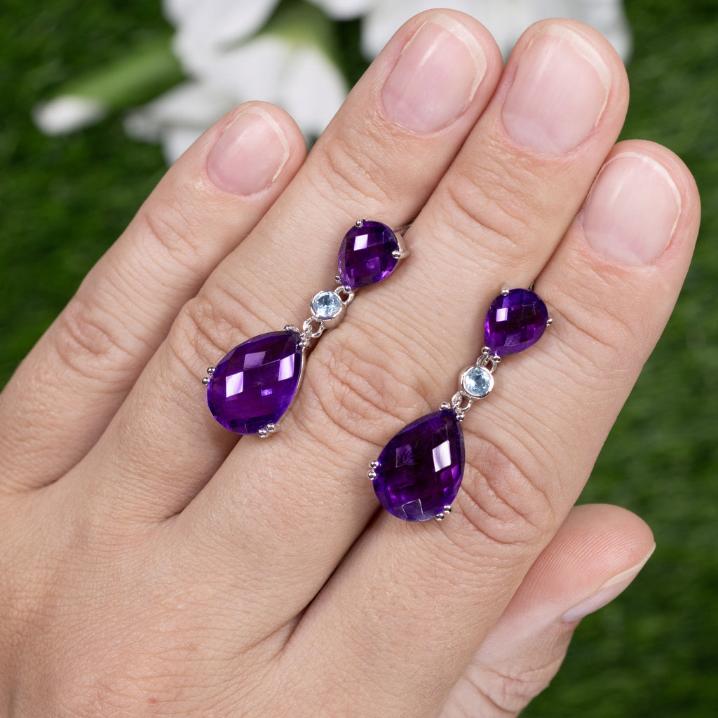 Rose Cut Amethyst Earrings Blue Topaz 11.8 Carats Sterling Silver