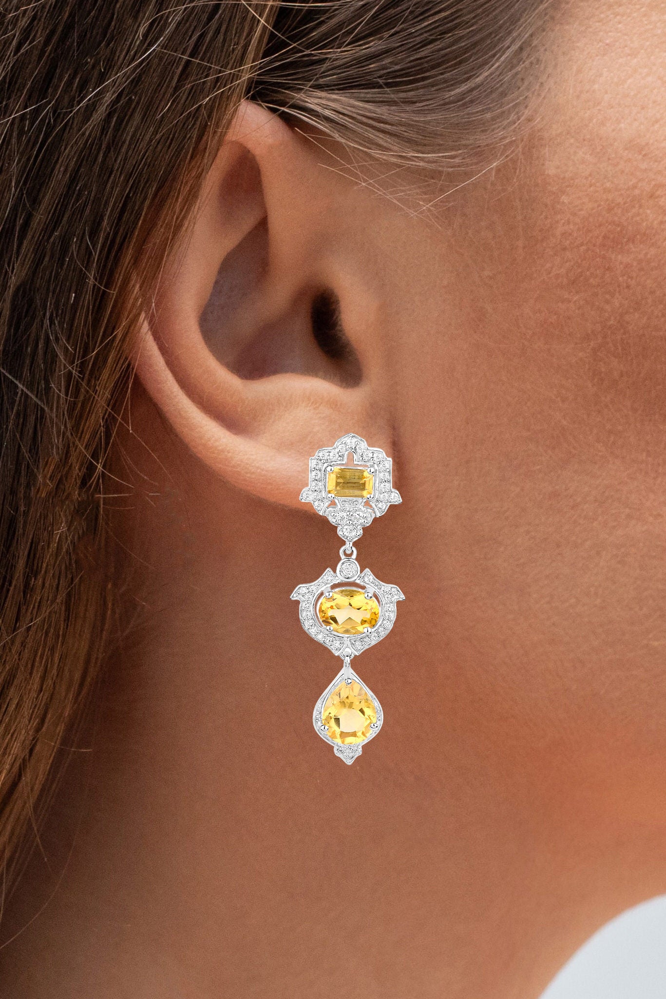 Citrine Earrings With White Topaz 6.6 Carats Sterling Silver