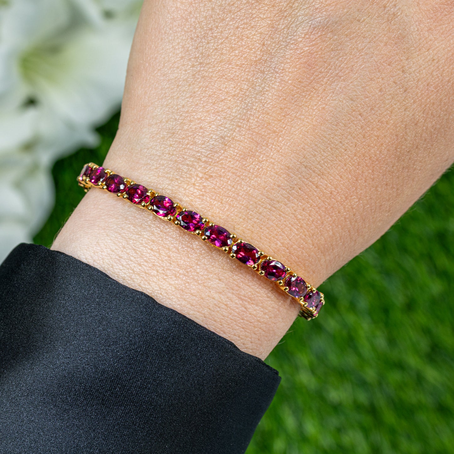 Natural Rhodolite Garnet Tennis Bracelet 15 Carats 24K Yellow Gold Plated Silver