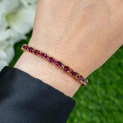 Natural Rhodolite Garnet Tennis Bracelet 15 Carats 24K Yellow Gold Plated Silver