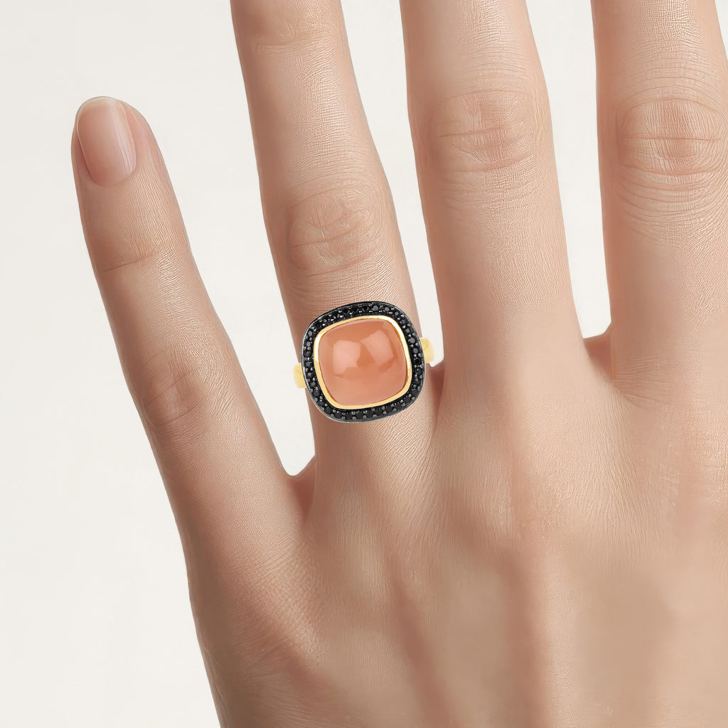 Peach Moonstone Ring With Black Spinel 7.54 Carats Gold Plated Silver